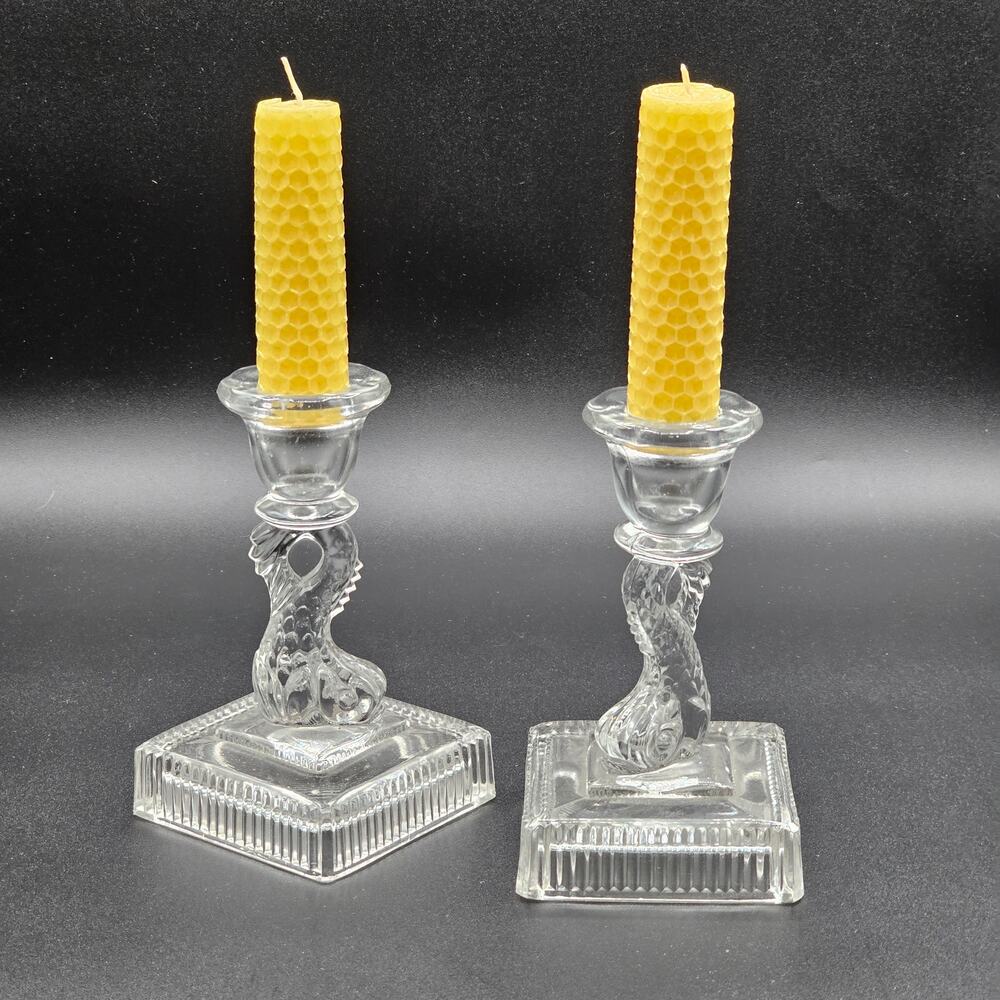 Art Deco 40s Glass Dolphin Koi Fish Candle Holders, Imperial Glassware 5" Set/2